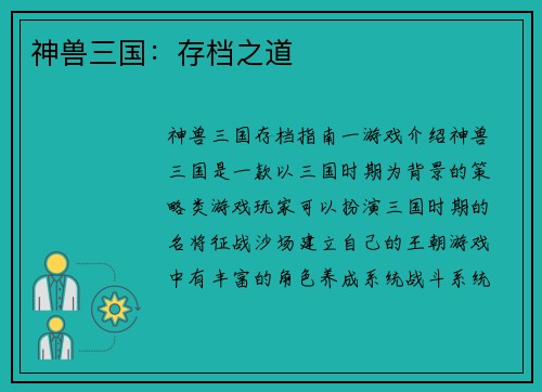 神兽三国：存档之道